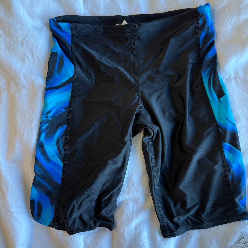 Men's Black Swim Trunks with Blue Panel Accents